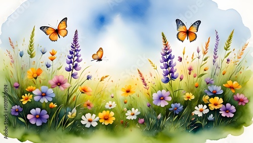 Fototapeta Naklejka Na Ścianę i Meble -  Closeup of a beautiful orange and yellow butterfly on spring meadow flowers in the grass