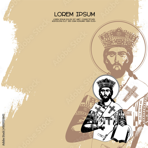 Religious vintage poster template with Jesus Christ the greatest Bishop. Christian illustration in Byzantine style