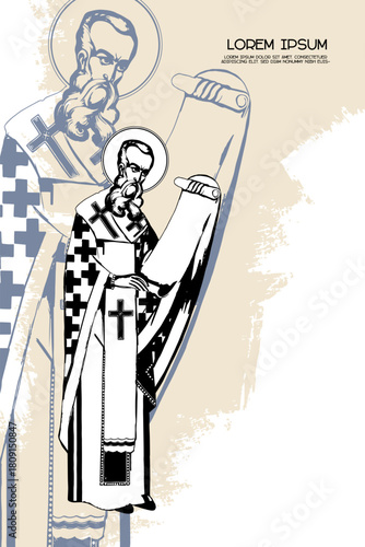 mReligious vintage poster template with Anastasius I Dicorus. Christian illustration in Byzantine style