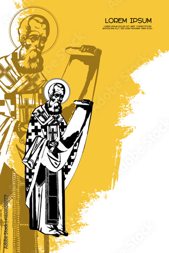 Religious vintage poster template with Holy Gregory of Nazianzus. Christian illustration in Byzantine style