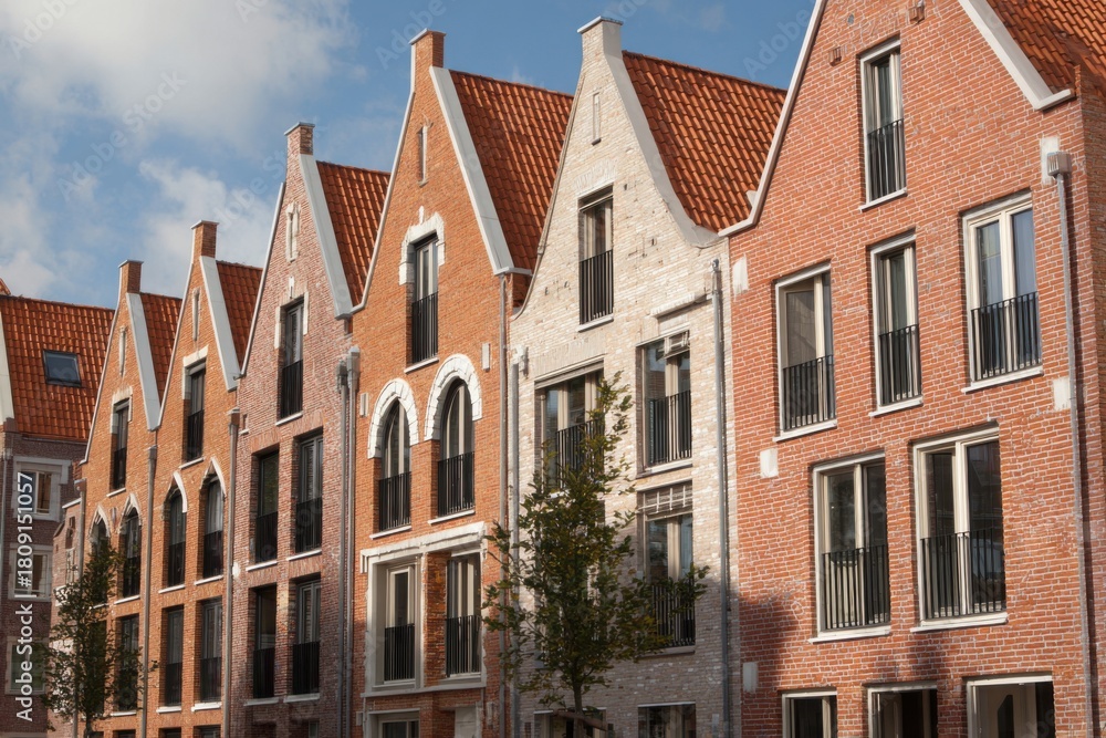 Fototapeta premium In a delightful neighborhood basking in sunshine, you'll discover modern architecture beautifully blended with traditional brick design, creating a unique and inviting atmosphere