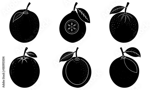Illustration of six passion fruits with leaves in black and white vector format design element