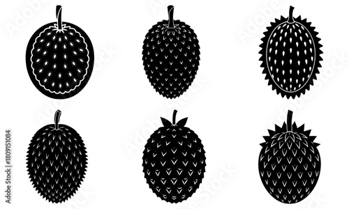 Illustration of six soursop fruits in black and white with varying shapes and spiky outer textures