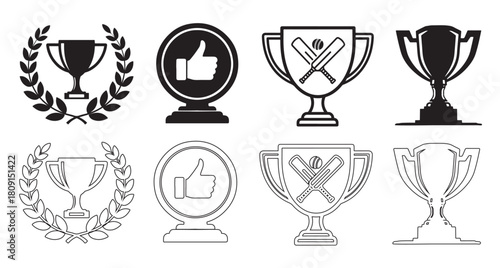 Collection of Trophy and Award Icons in Silhouette and Outline Styles winner champion