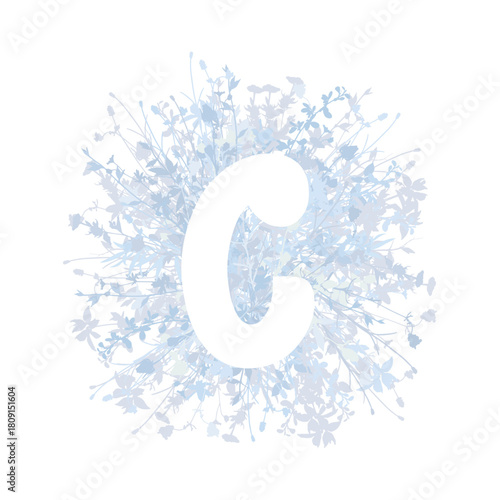 Easter, spring family floral monogram in pastel colors. White letter C on white background