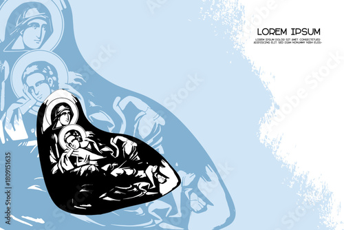 Religious vintage poster template with Jesus Christ the Eye of Providence. Christian illustration in Byzantine style