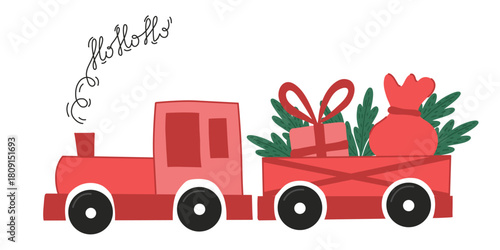 Christmas train with a carriage and gifts