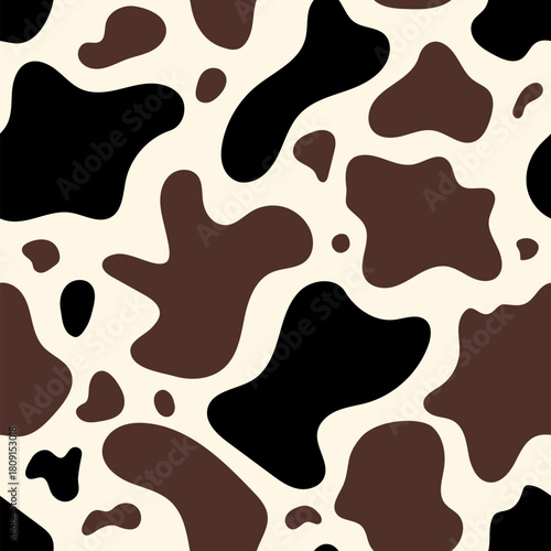 Simple cow abstract seamless pattern. Vector animal skin print, cute black and brown dalmatian spots on beige background. Stylized spotted texture for textile, dairy farm decor, wrapping paper, fabric