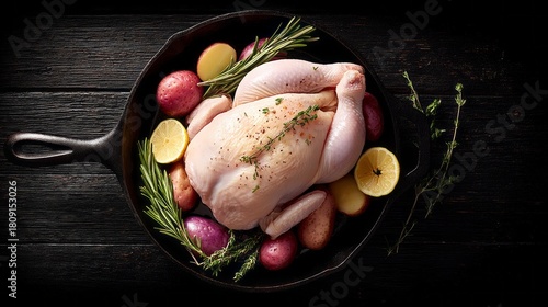 A whole raw free range chicken rests in a rustic skillet, surrounded by colorful potatoes, fresh herbs, and lemon slices, creating a vibrant display of fresh ingredients ready for cooking