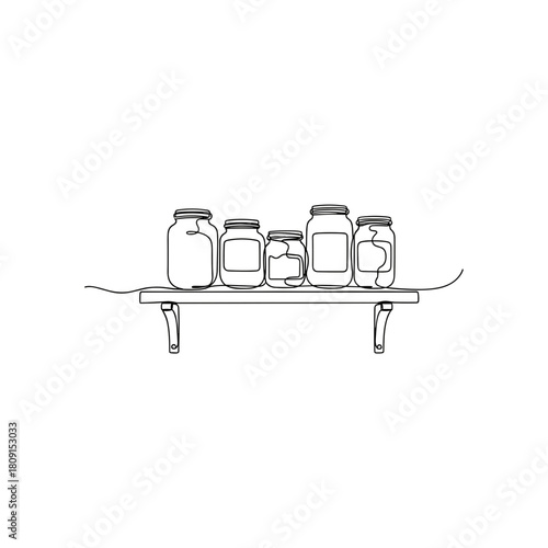 Glass jars on kitchen shelf in black and white line drawing
