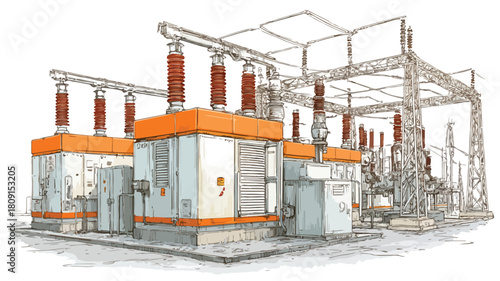 Modern Electrical Substation Vector Outline Isolated on White Background