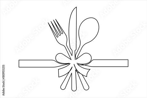 One continuous line art drawing of food tools. fork, spoon and knife for decoration restaurant menu linear design vector illustration