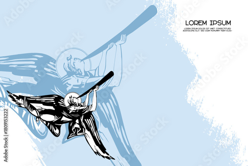 Religious vintage card template with angel. Christian illustration in Byzantine style