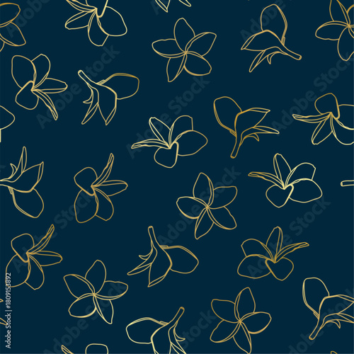 Plumeria silhouettes seamless pattern. Vector gold gradient tropical Hawaiian flower outline print on blue background. Summer gradient texture for wrapping, fabric, luxury decor, textile, fashion.