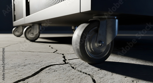 Industrial Cabinet with Wheels on Cracked Concrete Surface, Close-up of Mobile Cart on Rough Gray Floor, Detailing Casters and Concrete Texture