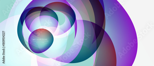 Abstract design features overlapping circles, vibrant colors, gradients. Modern aesthetic, suitable for backgrounds, presentations. Smooth transitions create dynamic visual effect.
