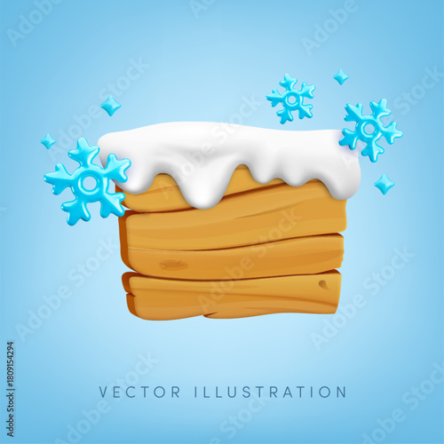 Vector cartoon 3d wooden rectangle plaque with snow cap and snowflakes banner. Realistic 3d wood texture empty signboard with snowdrifts border top on blue for game winter message sign, app, decor.