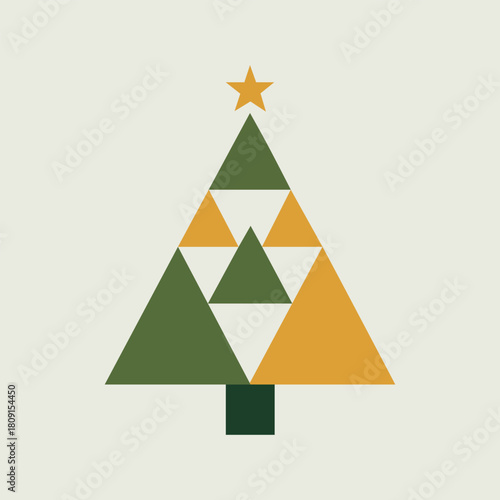 Minimalist Christmas tree with olive green and mustard yellow triangles in mid century modern style