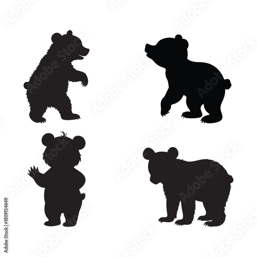Cute bear cub silhouette isolated on white background