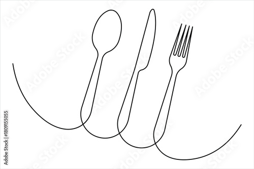 One continuous line art drawing of food tools. fork, spoon and knife for decoration restaurant menu linear design vector illustration