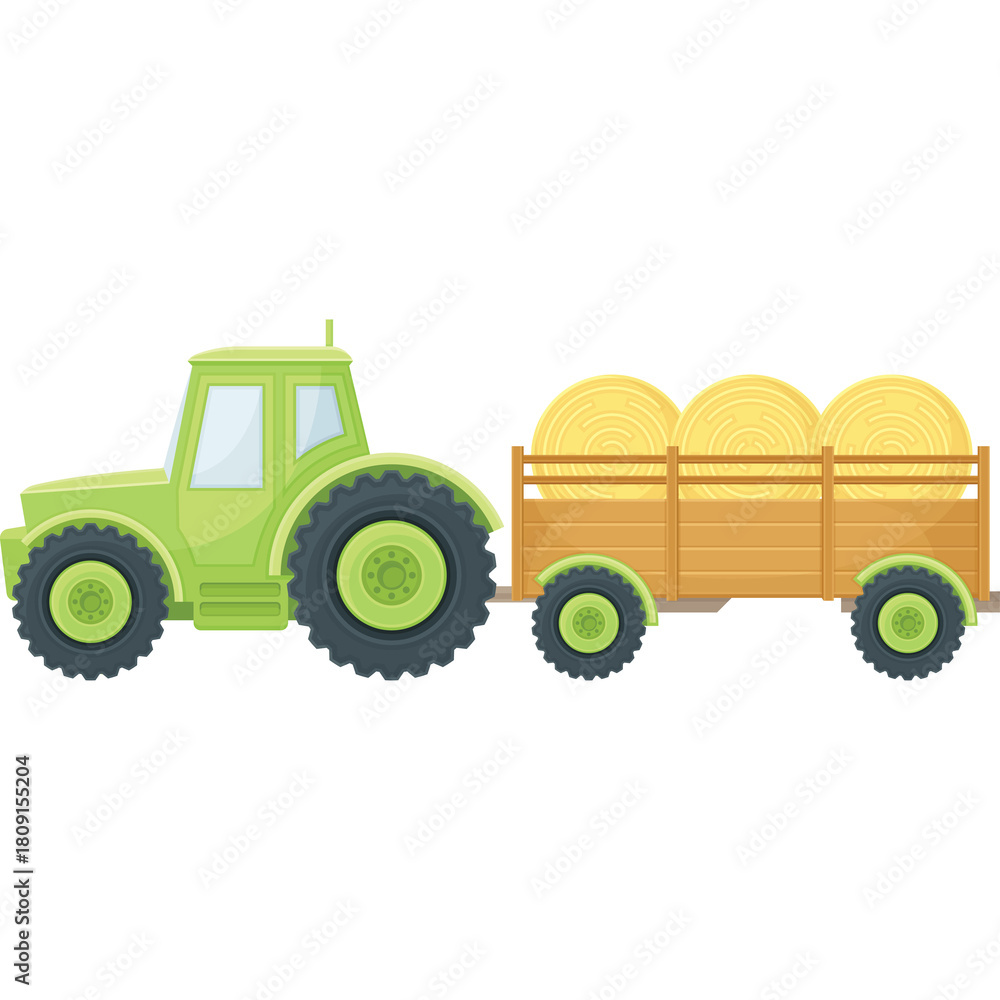 Obraz premium Green Tractor Pulling A Wagon Full Of Hay Bales In A Field On A Sunny Day