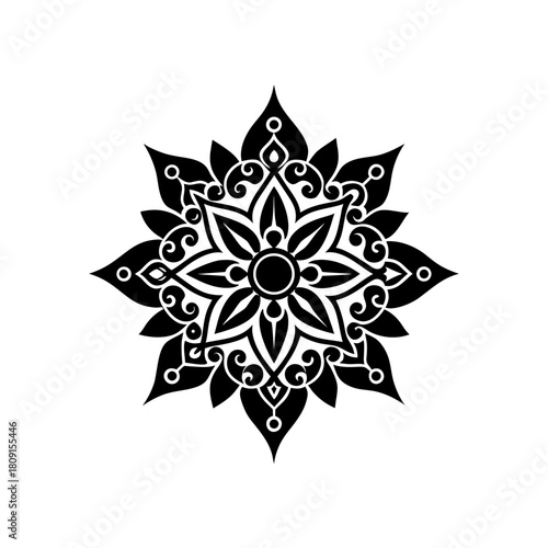 Black intricate ornamental mandala pattern on white background