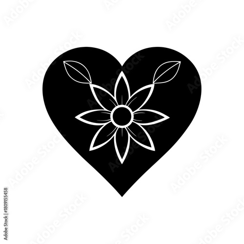 Minimalist stylized black heart with flower and leaves icon