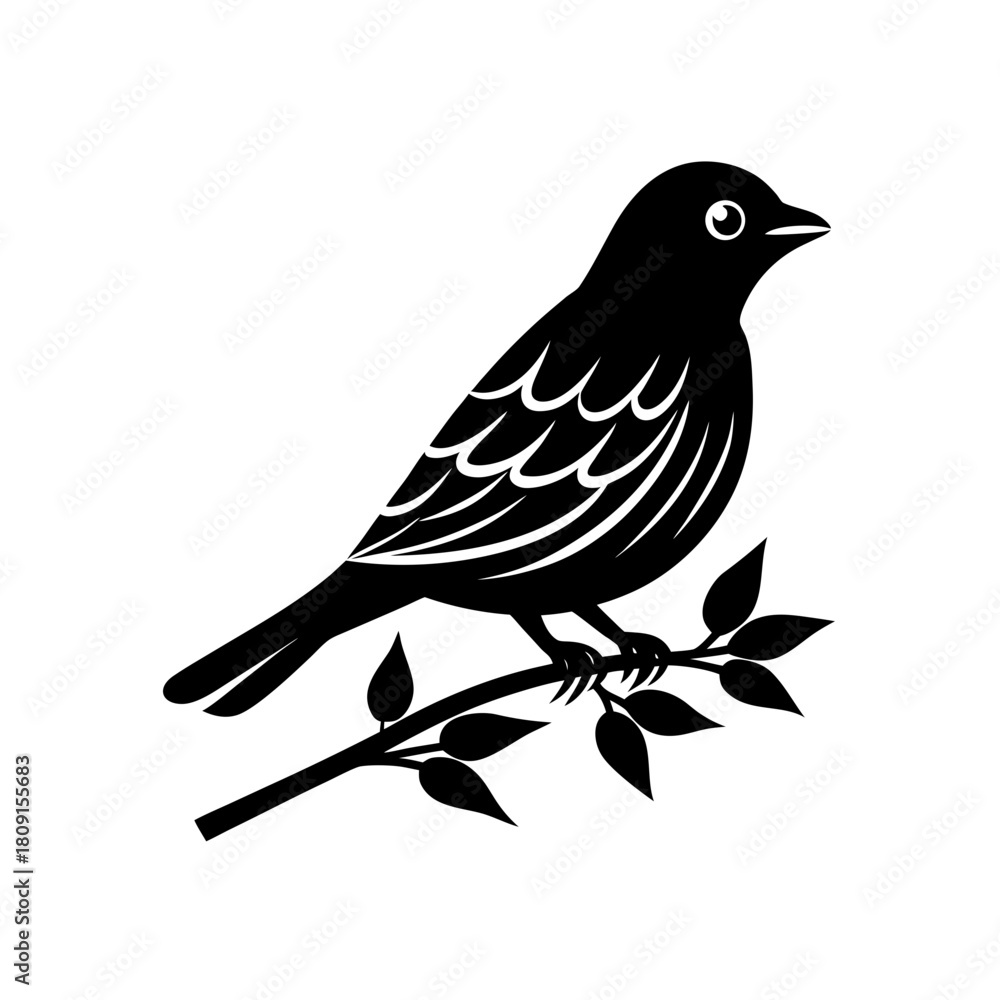 Obraz premium Black bird perched on branch, classic minimalist graphic icon