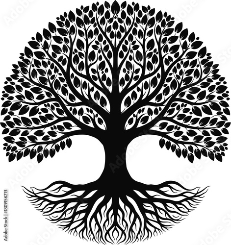 Stylized tree of life illustration black and white design