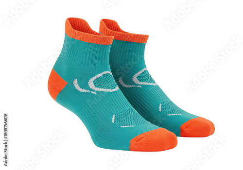 Isolated pair of turquoise socks with orange cuffs and toes, sporty running gear, apparel