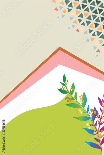 Contemporary Abstract Background with Geometric Triangle Accents and Green Color Blocks Modern Design with Colorful Foliage Illustration