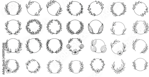 Collection of hand drawn floral oval frame elements