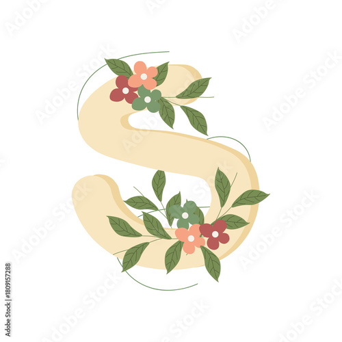 Illustration of the letter S in flat style, decorated with colorful flowers and green leaves, creating a delicate and botanical look. Ideal for monograms, invitations, and personalized stationery.