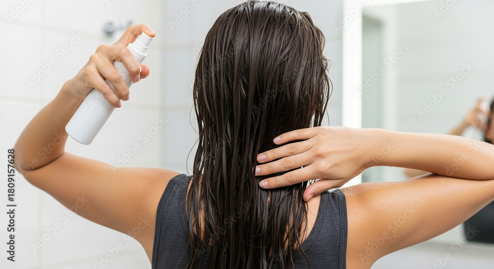 Fototapeta premium Woman spraying hair with a conditioning treatment. A vital step in her personal beauty regimen for maintaining healthy, shiny, and strong locks