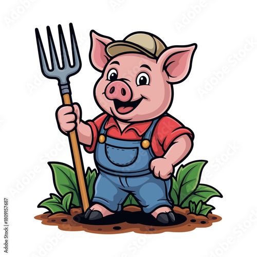 a cartoon pig farmer holding a pitchfork