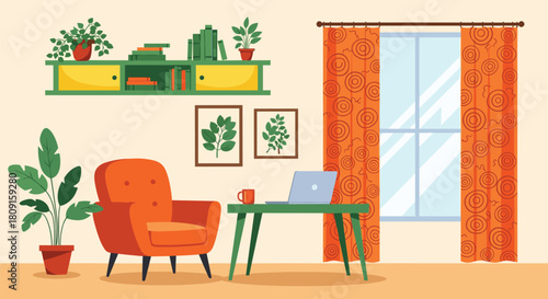 Cozy and modern home office or living room with a desk, laptop, armchair, houseplants, books, and a window with vibrant curtains.