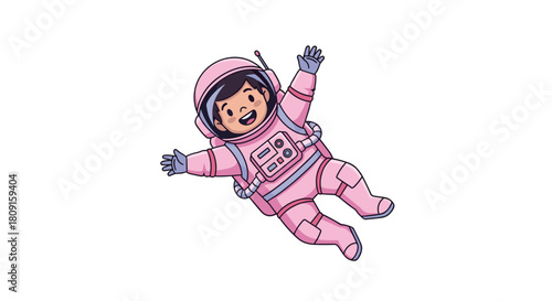 A cheerful cartoon child astronaut in a pink spacesuit joyfully floats, celebrating the wonder of space exploration.