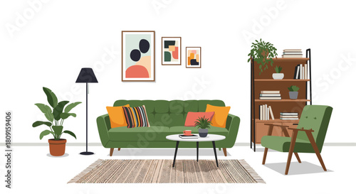 A stylish and cozy living room interior with a green sofa, abstract wall art, lush houseplants, a comfortable armchair, and a modern bookshelf.