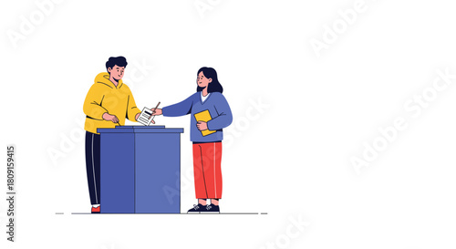 A man casts his vote into a ballot box with the assistance of a female election official, symbolizing democratic participation.