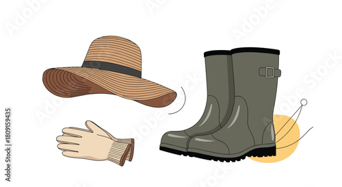 Essential gardening gear including a wide-brimmed straw hat, protective work gloves, and sturdy green rubber boots, perfect for outdoor tasks.