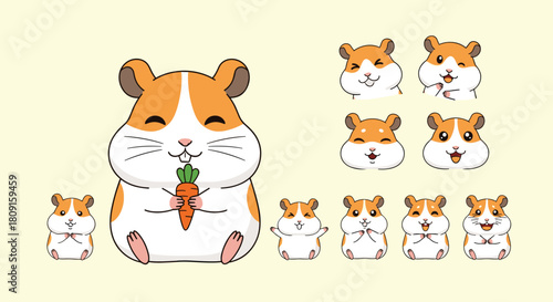 A collection of cute cartoon hamsters in various poses and expressions, including one holding a carrot, set against a soft background.