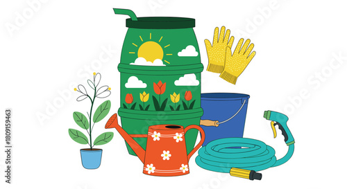 An illustration of essential gardening tools and elements for a sustainable garden, including a rain barrel, watering can, potted plant, and hose.