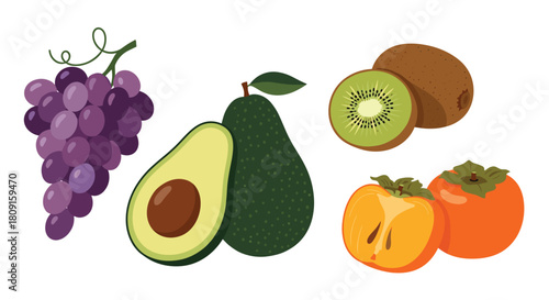 A vibrant assortment of fresh and healthy fruits including grapes, avocados, kiwis, and persimmons, perfect for a nutritious diet.