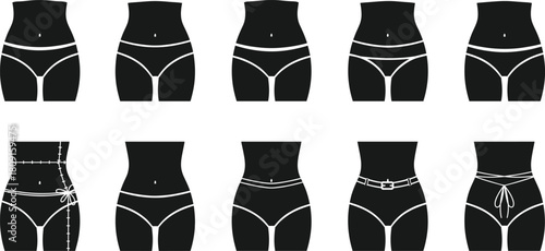 Female Waist and Lower Torso Silhouette Icons Set with Underwear, Belt, and Measuring Tape for Fitness and Fashion Vector.