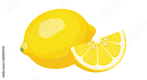 A vibrant illustration of a whole yellow lemon next to a juicy, fresh slice, isolated on a clean white background.