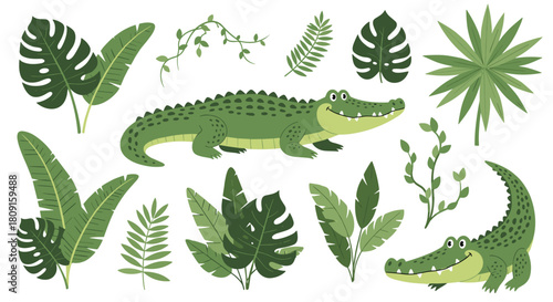 Cute cartoon alligators and tropical jungle leaves set on a white background, perfect for a cheerful wildlife design.