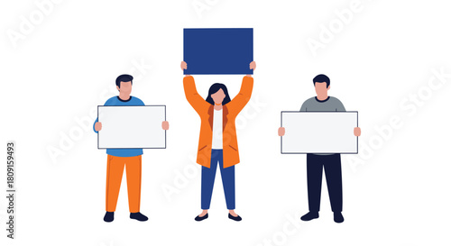 A diverse group of three individuals holding blank signs, with space for text, representing protest, advocacy, or display in a vector illustration.