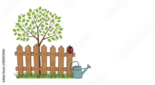 Illustration of a garden with a tree, wooden fence, green grass, a watering can, and a ladybug on the fence.