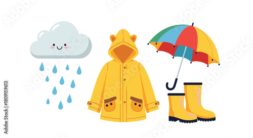 Cute cartoon cloud, yellow raincoat, colorful umbrella, and rain boots are essential items for a fun rainy day.