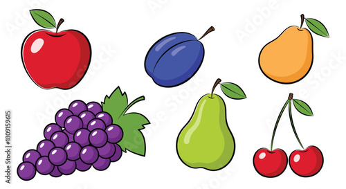 A colorful collection of diverse fresh fruits, including apples, plums, grapes, pears, and cherries, isolated on a clean white background.